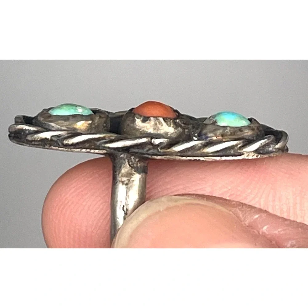 Navajo Sterling Silver Turquoise Coral Ring Early Handmade Size 3.25 Tested